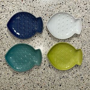 Crate & Barrel ceramic fish cocktail plates blue green white turquoise